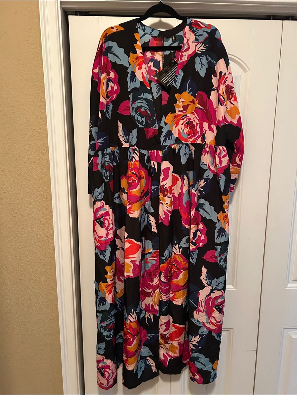 IMAN Black Maxi Dress with Pink and Orange Rose Print